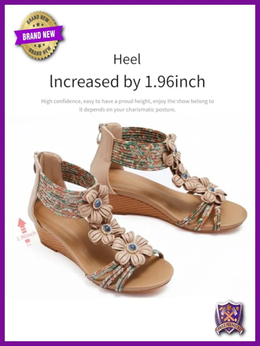 Low Heel Platform Wedge Sandals with Zipper and Floral Design, Open Toe Roman